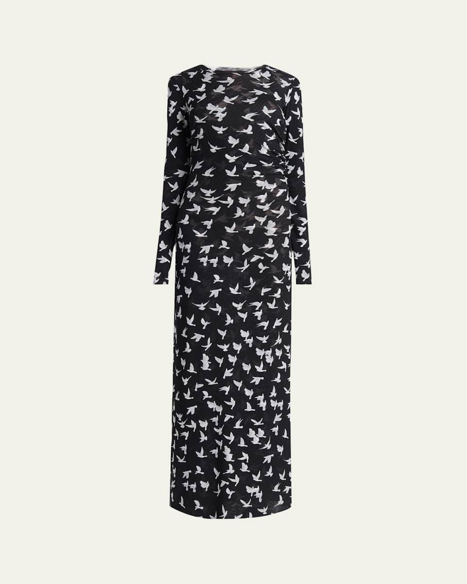 Long Mesh Bird Print Dress